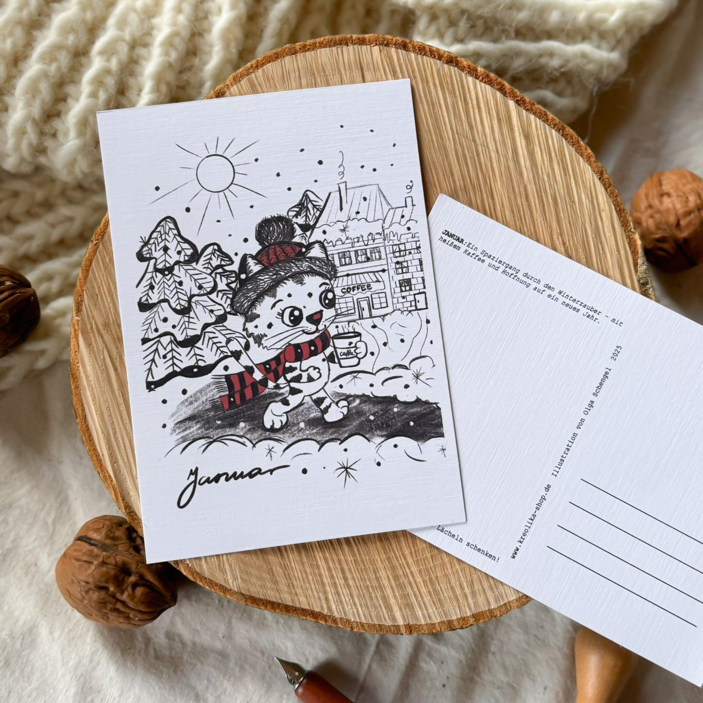 Postkarte: "Januar"- Katze Januarspaziergang