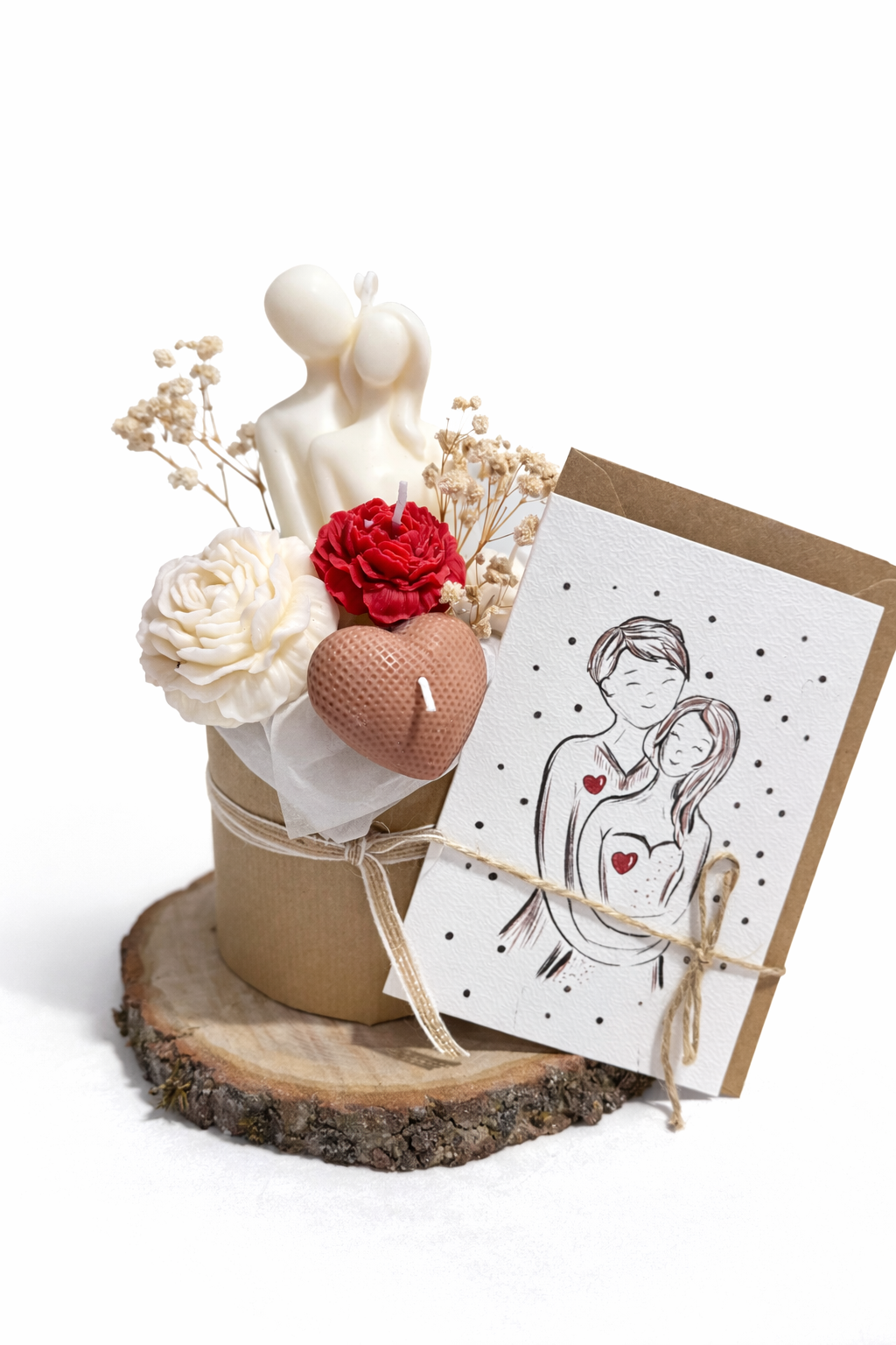 Handgefertigter Kerzenblumenstrauß aus Rapswachs mit Herzkerze und Hochzeitskarte